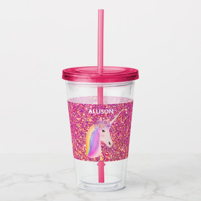 Niedlich rosa Glitzer Unicorn Fantasy Personalisie Acryltrinkbecher (Vorderseite)