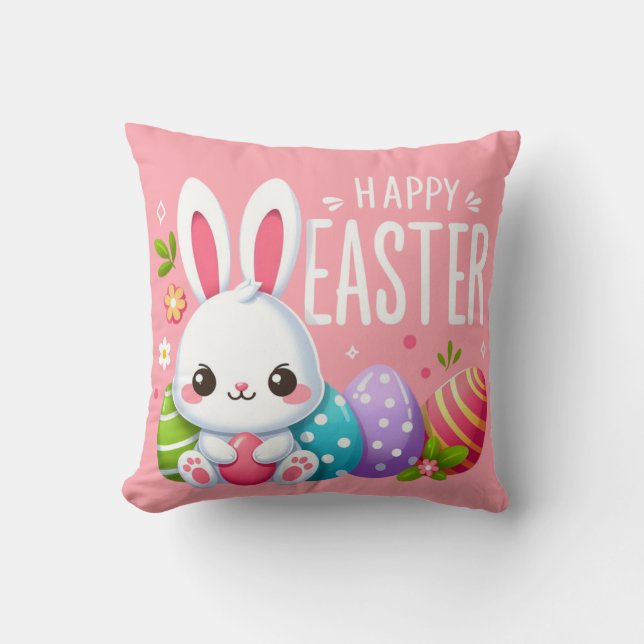 Niedlich, rosa glücklich Osterhase Kissen (Vorderseite)