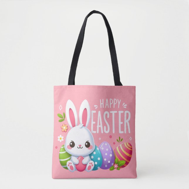 Niedlich, rosa glücklich Osterhase Tasche (Vorderseite)