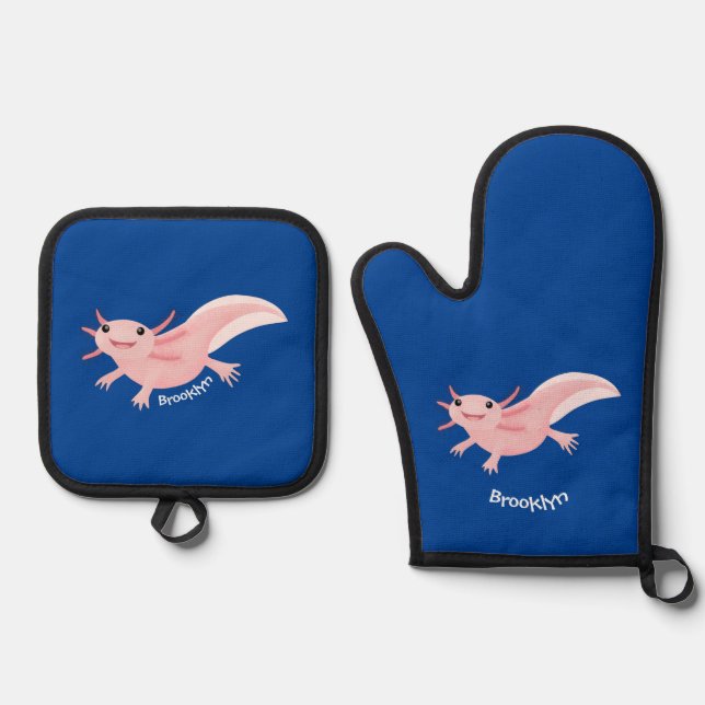 Niedlich-rosa-glückliche axolotl ofenhandschuh & Topflappen-Set (Vorderseite)
