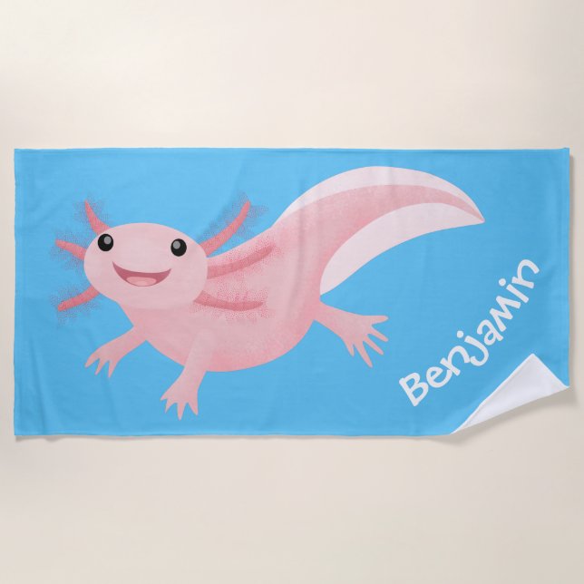 Niedlich rosa glückliche axolotl personalisiert strandtuch (Vorderseite)