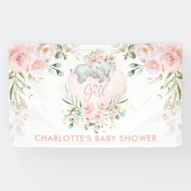Niedlich rosa goldfarbene Blütenblüte Elefant Baby Banner (Horizontal)