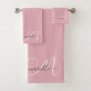 Niedlich-Rosa-Grau-Monogram-Skriptname Elegant Badhandtuch Set