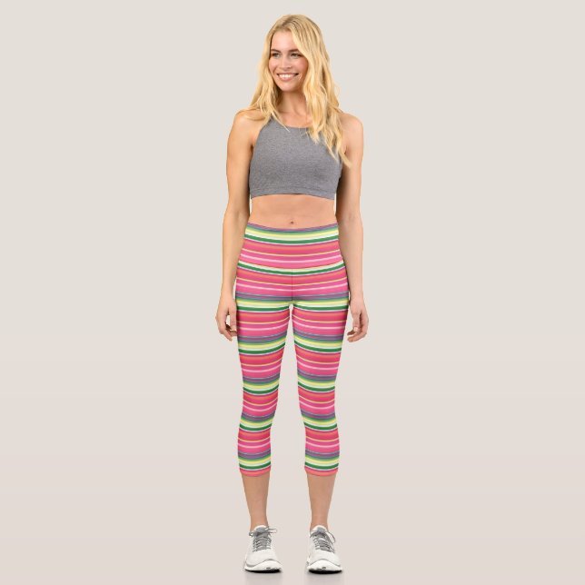 Niedlich rosa grüne Streifen Capri Leggings (Vorderseite)