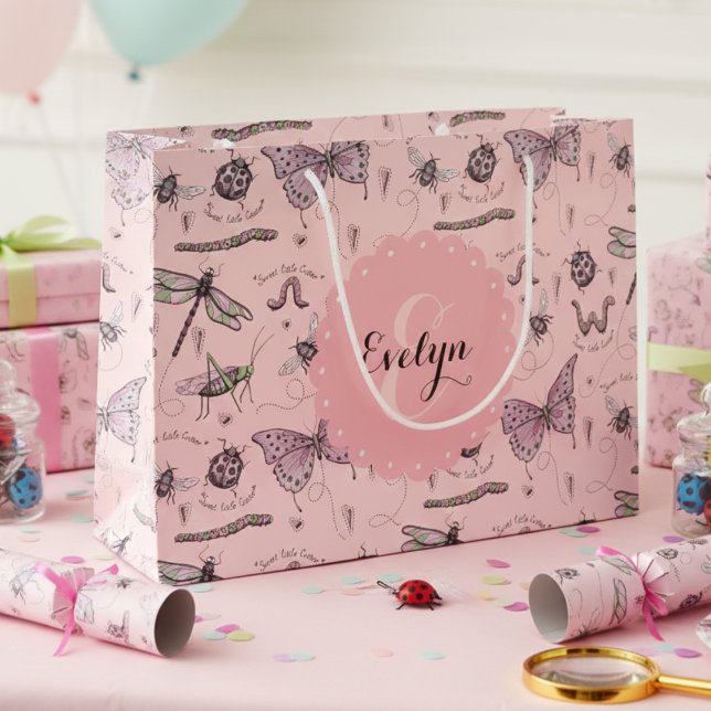 Niedlich-rosa-Insekten-Monogramm-Girl Große Geschenktüte (Cute Insects & Beetles Pink Gift Bags. Colorful Bugs Gift Wrap for Girl Baby Shower & Birthday Party)