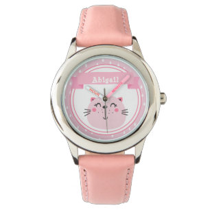 Niedlich rosa Katze - Personalisierte Kinder Armbanduhr