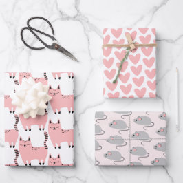Niedlich rosa Katzen, Herz und Maus Geschenkpapier Set