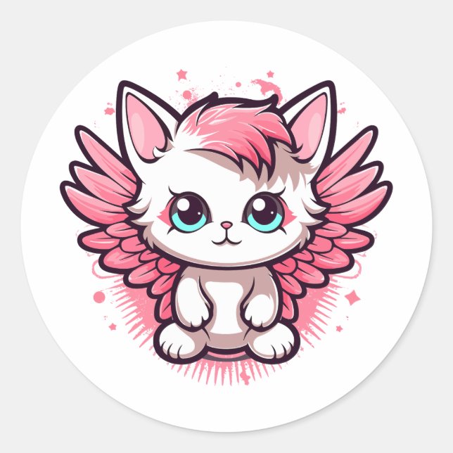 Niedlich-Rosa Kawaii Katze mit Flügeln Runder Aufkleber (Vorderseite)