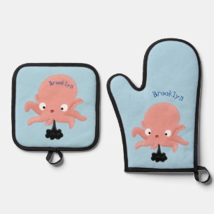 Niedlich-rosa-Kraken-Cartoon-Spaß Ofenhandschuh & Topflappen-Set