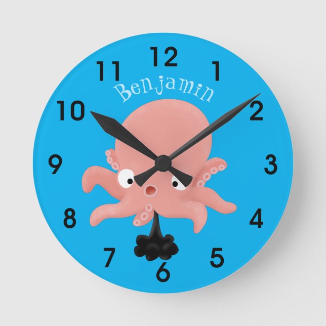 Niedlich-rosa-Kraken-Cartoon-Spaß Runde Wanduhr (Vorderseite)