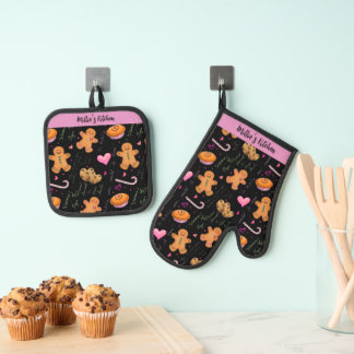 Niedlich rosa Lebkuchen und Pfefferminzbonbons Ofenhandschuh & Topflappen-Set