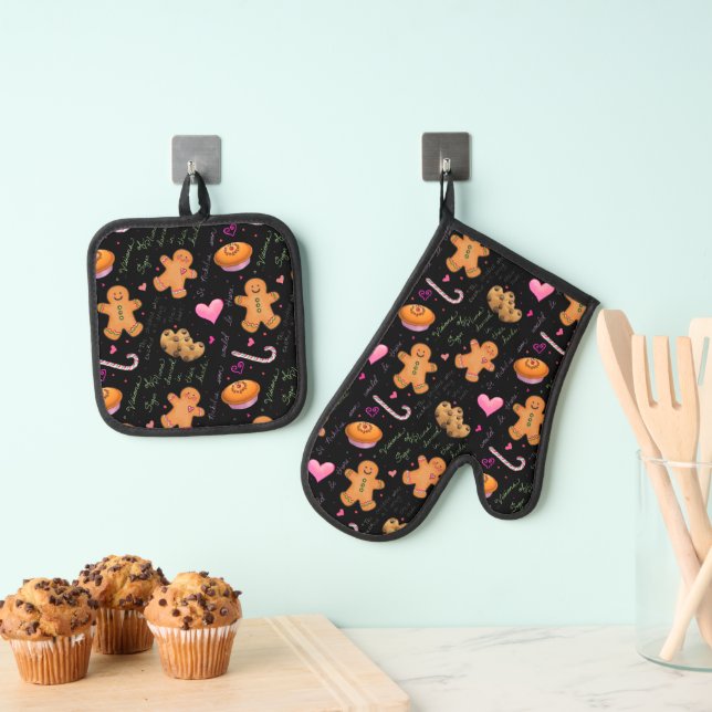 Niedlich rosa Lebkuchen und Pfefferminzbonbons Ofenhandschuh & Topflappen-Set (Insitu (Hängend))