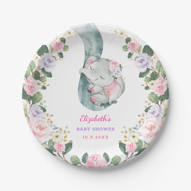Niedlich rosa Lila Blütenlephant Girl Babydusche Pappteller (Vorderseite)