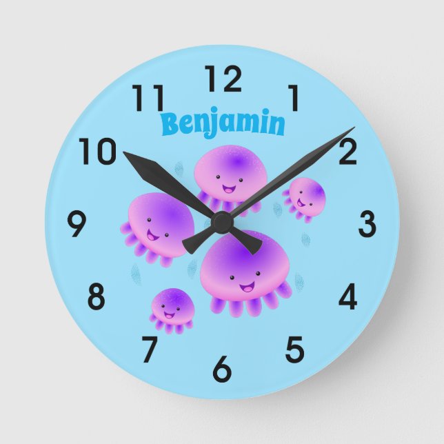 Niedlich rosa lila Qualle Kawaii Cartoon Runde Wanduhr (Vorderseite)