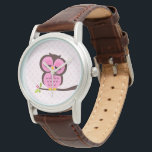 Niedlich rosa Ohr Armbanduhr<br><div class="desc">Eine stilvolle benutzerdefinierte Uhr zeigt eine süße Vektorgrafik einer Eule,  die auf einem Baumzweig auf einem Polka-Punktmuster-Hintergrund steht. Babystar Design unter mygrafico.com</div>