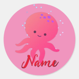 Niedlich rosa Oktopus Cartoon Name hinzufügen Runder Aufkleber