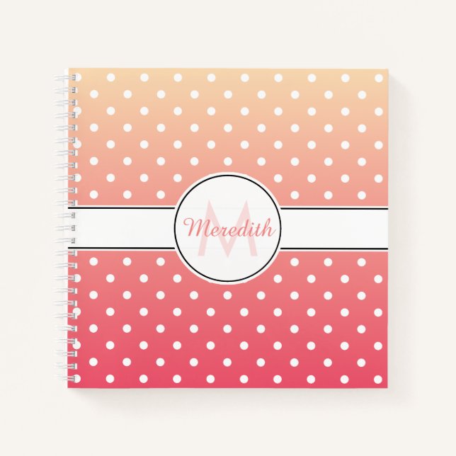 Niedlich rosa Ombre Monogram Polka Dot Muster Notizbuch (Vorderseite)