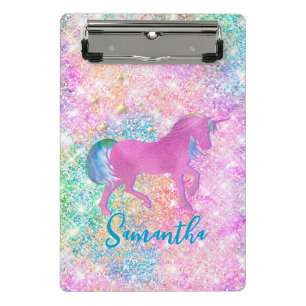 Niedlich Rosa Rainbow-Einhorn-Glitzer-Monogramm Mini Klemmbrett