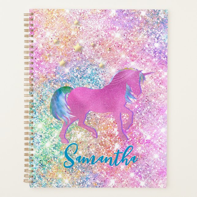 Niedlich Rosa Rainbow-Einhorn-Glitzer-Monogramm Planer (Vorderseite)