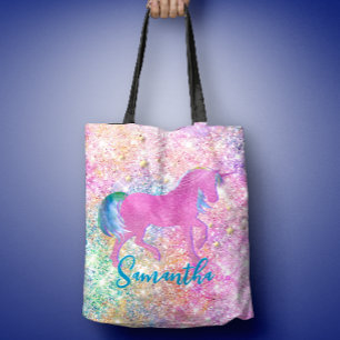 Niedlich Rosa Rainbow-Einhorn-Glitzer-Monogramm Tasche