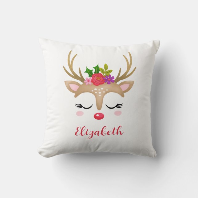 Niedlich-Rosa-Rentier-Weihnachtsmonogramm Kissen (Vorderseite)