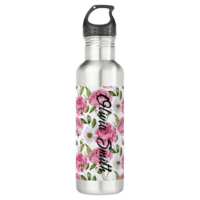 Niedlich Rosa Rosa Personalisierter Name Edelstahlflasche (Vorderseite)