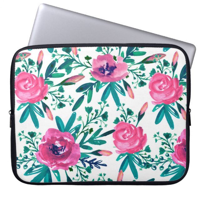 Niedlich rosa Rosen mit Buds und grünen Blättern Laptopschutzhülle (Vorderseite)