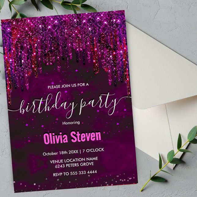 Niedlich Rosa Rot Einhorn Glitzer Tropfen Monogram Einladung (Von Creator hochgeladen)