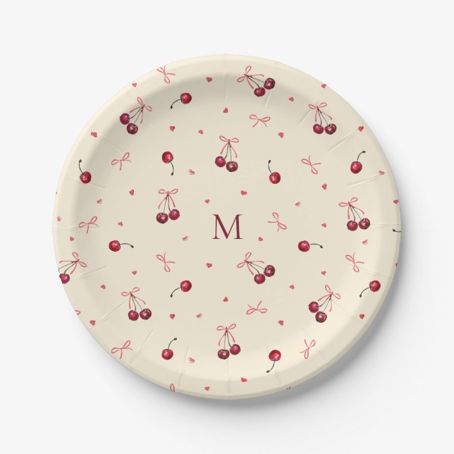 Niedlich rosa rote Bows Kirschen Herz mit Monogram Pappteller (Vorderseite)