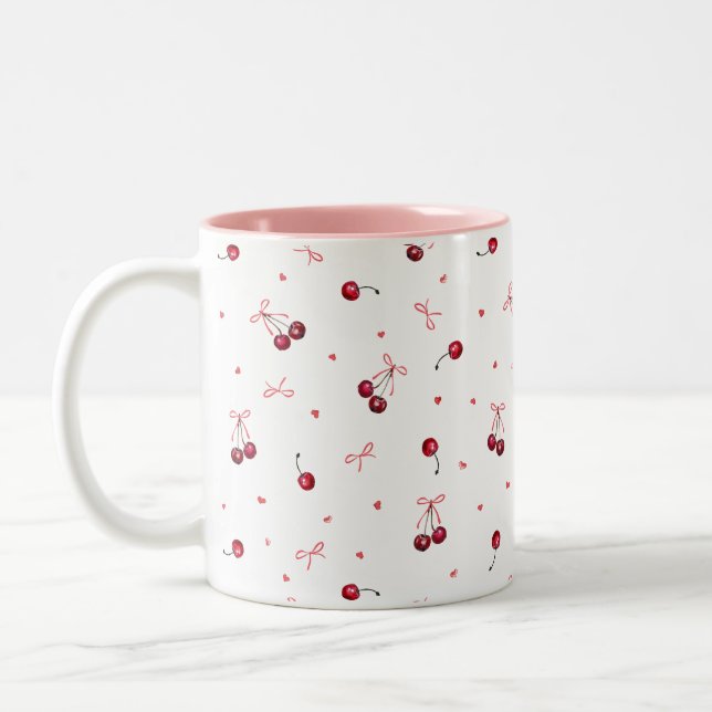 Niedlich rosa rote Bows Kirschen Herz Zweifarbige Tasse (Links)