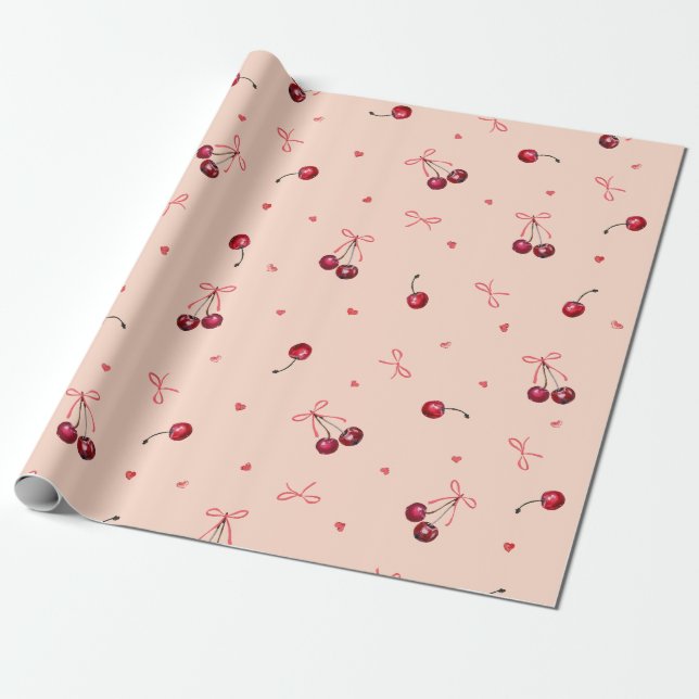 Niedlich rosa rote Kirschen Herz Bows Soft Orange Geschenkpapier (Ungerollt)