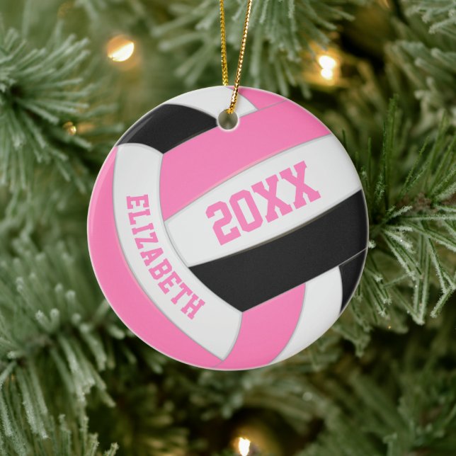 niedlich rosa Schwarz-weißer Gürtelvolleyball Keramik Ornament (Baum)