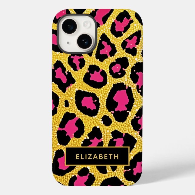 Niedlich rosa Schwarzer Glitzer Leopard Druckname Case-Mate iPhone 14 Hülle (Rückseite)