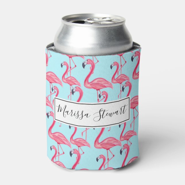 Niedlich rosa Sommer bemalt Flamingo Muster Blau Dosenkühler (Kanne Vorderseite)