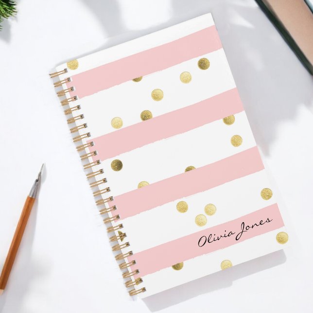 Niedlich rosa Streifen Gold Polka Punkte mit Namen Planer (Personalize with your name or other desired text.)