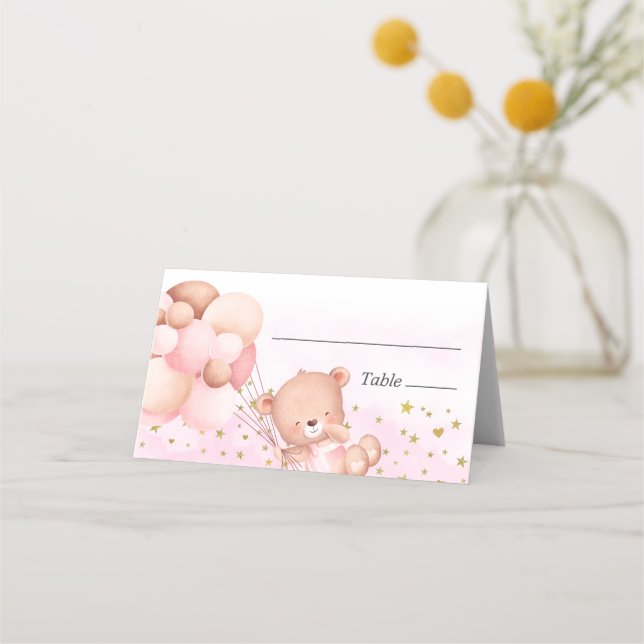 Niedlich rosa Teddy Bear & Clouds für Baby Girl Platzkarte (Vorderseite)
