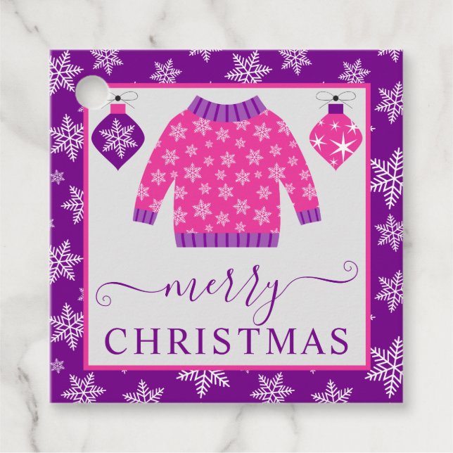 Niedlich rosa und Lila Weihnachtsjumper Geschenkanhänger (Vorderseite)