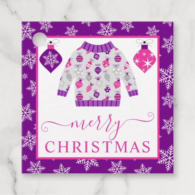 Niedlich rosa und Lila Weihnachtsjumper Geschenkanhänger (Vorderseite)