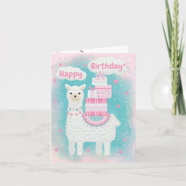 Niedlich rosa und türkisfarbenes Lama mit Geschenk (Vorderseite)
