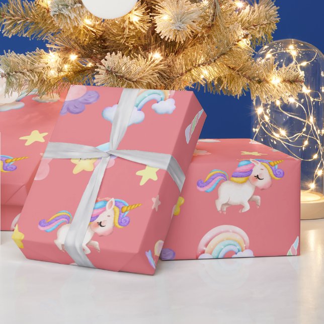Niedlich rosa, unicorone Regenbogen Balloon Muster Geschenkpapier (Feiertage)