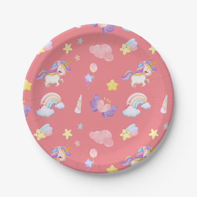 Niedlich rosa, unicorone Regenbogen Balloon Muster Pappteller (Vorderseite)