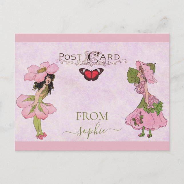 Niedlich rosa Vintage Blume Fairy Postkarte (Vorderseite)