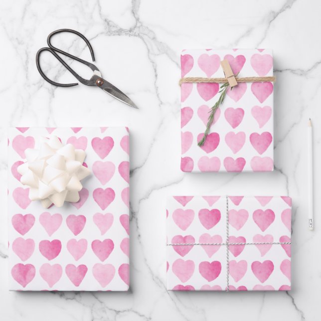 Niedlich rosa Wasserfarbenherzen Geschenkpapier Set (Vorderseite)