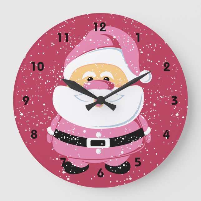 Niedlich rosa Weihnachtsmann und Schnee Weihnachte Große Wanduhr (Vorderseite)