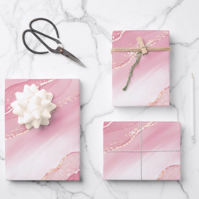 Niedlich rosafarbener Marmor mit Gold-Glitzer Geschenkpapier Set (Vorderseite)