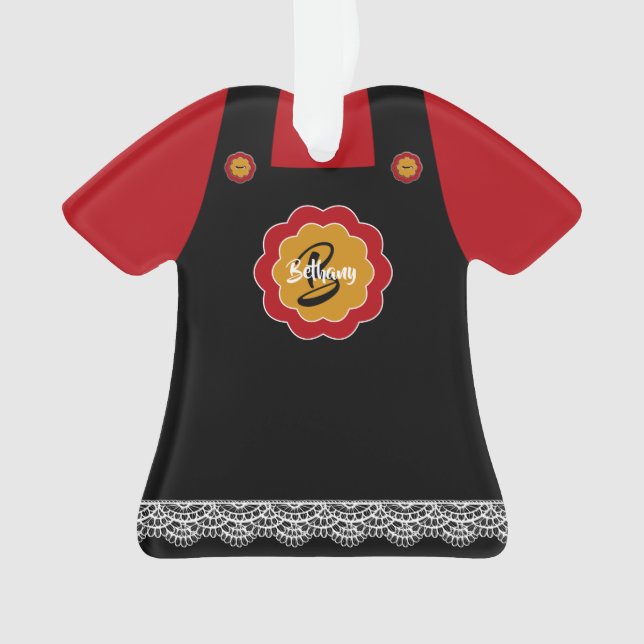 Niedlich Rot mit grauem Pinafront Lace Trimm Weihn Ornament (Vorderseite)