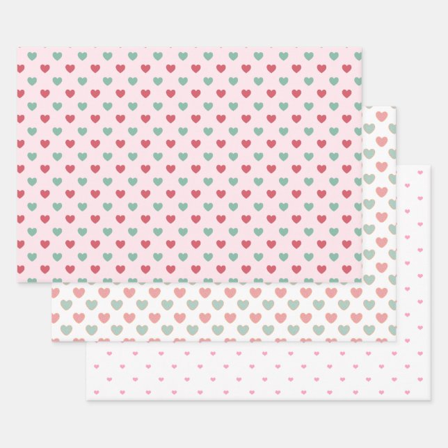 Niedlich Rotes Rosa und grüne Herzen Geschenkpapier Set (Set)