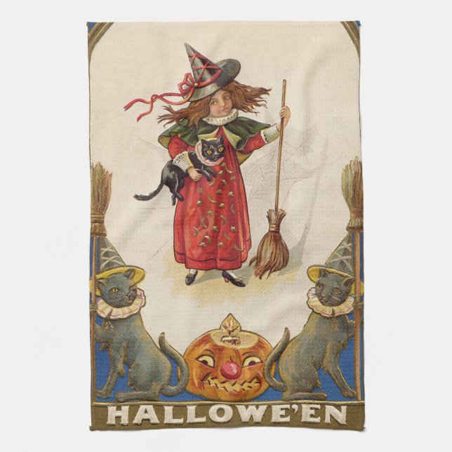 Niedlich Rotzunge Schwarze Katze Jack O' Lantern Geschirrtuch (Vertikal)