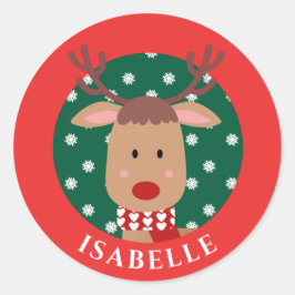 Niedlich Rudolph Reindeer Christmas Red Green Clas Runder Aufkleber