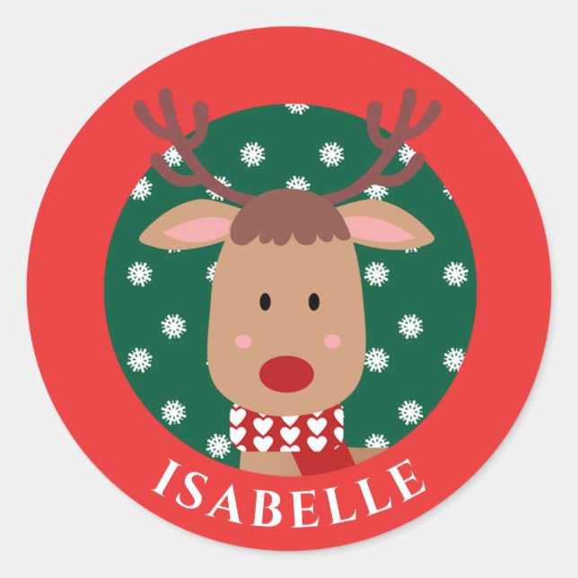 Niedlich Rudolph Reindeer Christmas Red Green Clas Runder Aufkleber (Vorderseite)